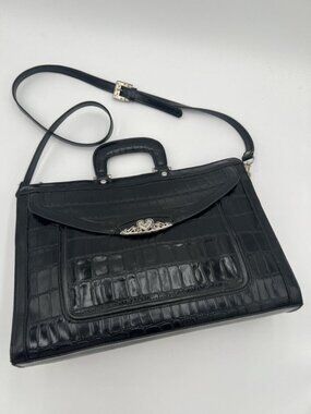 Vintage Marc Chantal Black Faux Croc Briefcase Satchel Crossbody Silver Hardware